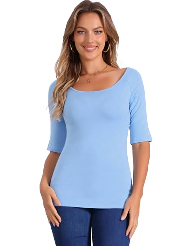 Allegra K Damen Halbarm Shirt Bluse Rundhals Slim Fit T-Shirt Einfarbig Basic Oberteil Hell Blau XL Allegra K Damen Halbarm Shirt Bluse Rundhals Slim Fit T-Shirt Einfarbig Basic Oberteil Hell Blau XL von Allegra K