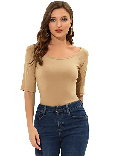 Allegra K Damen Halbarm U-Ausschnitt Tailliert Layering Top Weiches T-Shirt, Hellbraun, Klein von Allegra K