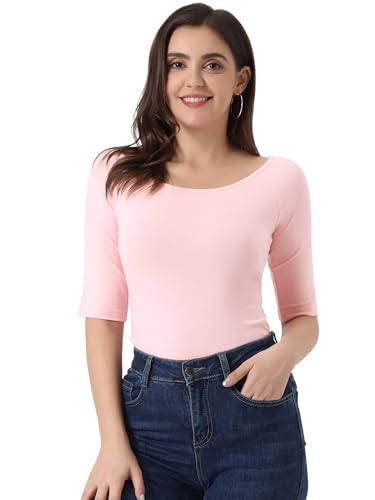 Allegra K Damen Halbarm U-Ausschnitt Tailliert Layering Top Weiches T-Shirt, Helles Pink, Klein von Allegra K