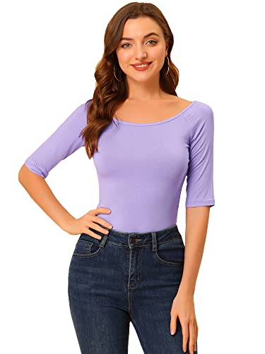 Allegra K Damen-T-Shirt, halblange Ärmel, U-Ausschnitt, enganliegend, Schicht-Top, weiches T-Shirt, Lavendel, Klein von Allegra K