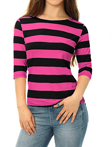 Allegra K Damen Gestreiftes Shirt U Boot Ausschnitt Halbarm Party Ferien Streifen Top Bluse Fuchsia Schwarz XL von Allegra K