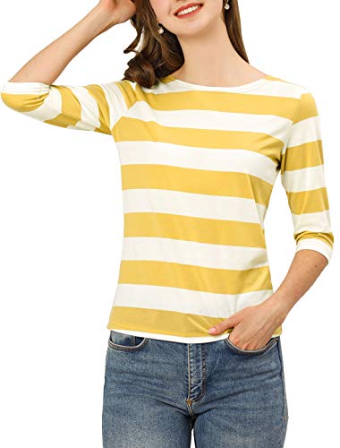 Allegra K Damen Gestreiftes Shirt U Boot Ausschnitt Halbarm Party Ferien Streifen Top Bluse Gelb Weiss S von Allegra K