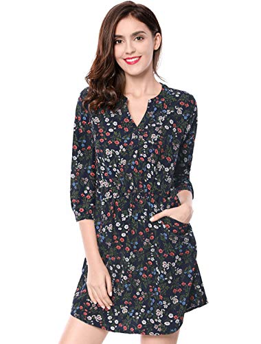 Allegra K Damen Halbarm V Neck Knopfleiste Blumen Shirtkleid Kleid Dunkelblau 3XL von Allegra K