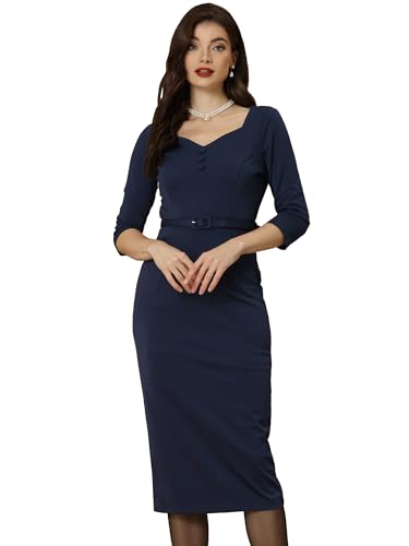 Allegra K Damen Halbe Ärmel Etuikleid Herzförmigem Ausschnitt Büro Arbeit Elegant Minikleid Gürtel Kleid Dunkelblau S von Allegra K