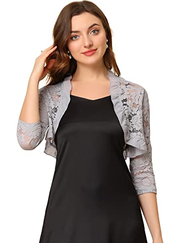 Allegra K Damen Spitzebolero 3/4-Ärmel Durchsichting Blumen Rüschen Elegant Floral Spitze Crop Bolero Französisches Grau M von Allegra K