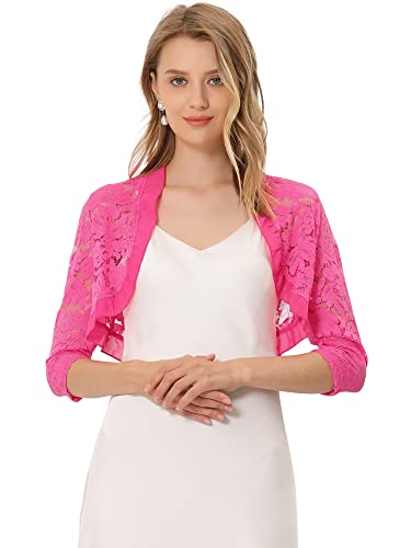 Allegra K Damen Spitzebolero 3/4-Ärmel Durchsichting Blumen Rüschen Elegant Floral Spitze Crop Bolero Rosarot L von Allegra K