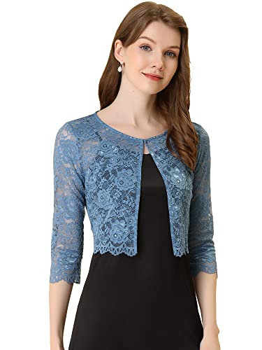 Allegra K Damen Brautjacke Bolero Festlich Kurz 3/4 Ärmel Durchsichtig Blumen Spitze Shrug Crop Cardigan Spitzebolero Grau Blau S von Allegra K
