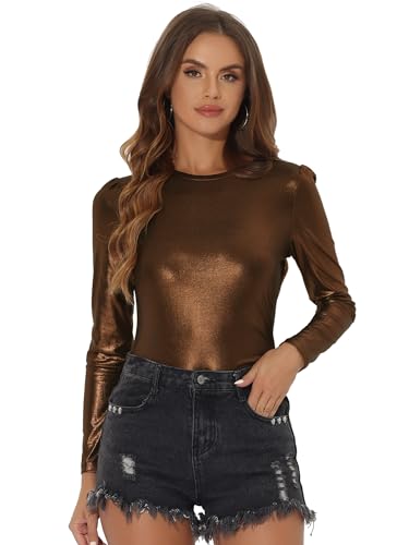 Allegra K Damen Bluse Metallic Langarm Party Rundhals Elegant Glitzer Club Oberteil Top Braunes Gold L von Allegra K