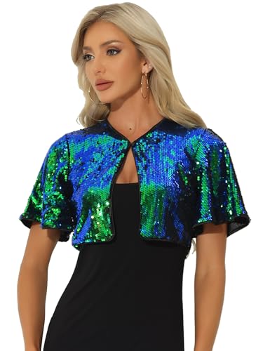 Allegra K Damen Bolero Pailletten Glitzer Shrug Party Crop Jacke Schwarz Blau Grün XS von Allegra K