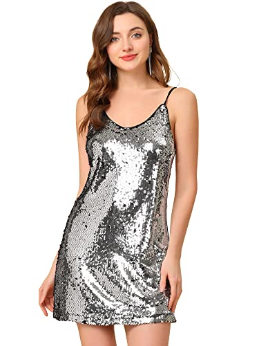 Allegra K Damen Halloween Glitzer Pailletten V Ausschnitt Spaghettiträger Mini Partykleid Clubwear, Silber (mit Schwarz), Groß von Allegra K