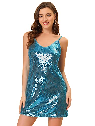 Allegra K Damen Halloween Glitzer Pailletten V Ausschnitt Spaghettiträger Mini Partykleid Clubwear, blau, Groß von Allegra K