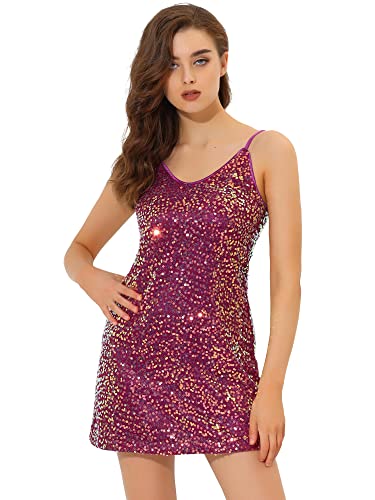 Allegra K Damen Halloween Glitzer Pailletten V Ausschnitt Spaghettiträger Mini Partykleid Clubwear, rosarot, Groß von Allegra K