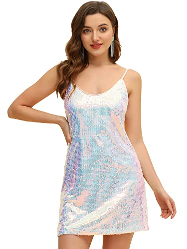 Allegra K Damen Halloween Glitzer Pailletten V Ausschnitt Spaghettiträger Mini Partykleid Clubwear, weiß / blau, Klein von Allegra K