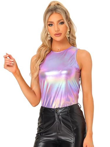 Allegra K Damen Halloween Holografisches Glänzendes Shirt Party Disco Metallic Tank Top für Frauen, Helles Violett, Groß von Allegra K