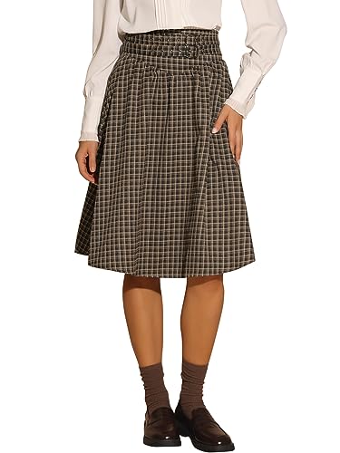 Allegra K Damen Karierte Röcke Vintage Midirock A-Linie Hoher Taille Doppeltem Gürtel Rock Braun M von Allegra K