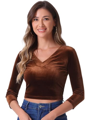 Allegra K Damen Halloween-Kostüm 3/4-Ärmel V-Ausschnitt Samt Fest Einfarbig Crop Top Bluse Dunkelbraun M von Allegra K
