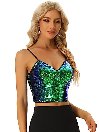 Allegra K Damen Ärmellos Pailletten Crop Top Spaghettiträger Club Party Tanktop Oberteil Grün L von Allegra K