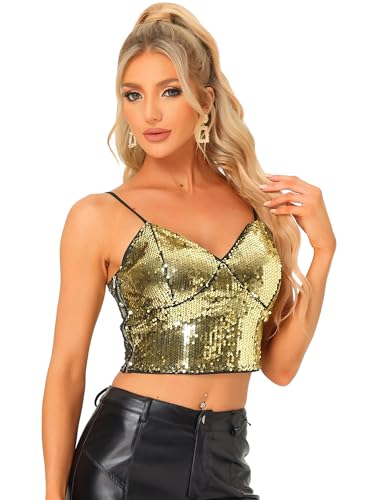 Allegra K Damen Ärmellos Pailletten Crop Top Spaghettiträger Club Party Tanktop Oberteil Schwarz Gold S von Allegra K