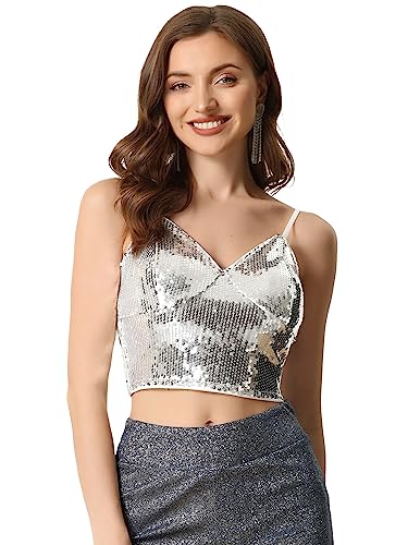 Allegra K Damen Halloween-Kostüm Ärmellos Pailletten Crop Top Spaghettiträger Club Party Tanktop Oberteil Silber XS von Allegra K