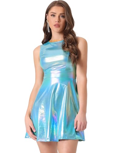 Allegra K Damen Ärmellos Partykleid Glitzer Rundhals A-Linie Holografisch Metallic Kleid Blau M von Allegra K