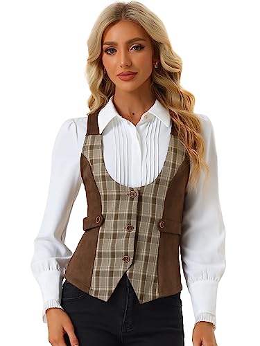 Allegra K Damen Ärmellos Vintage Weste Plaid Knopfleiste Elegant Kariert Westen Braun M von Allegra K