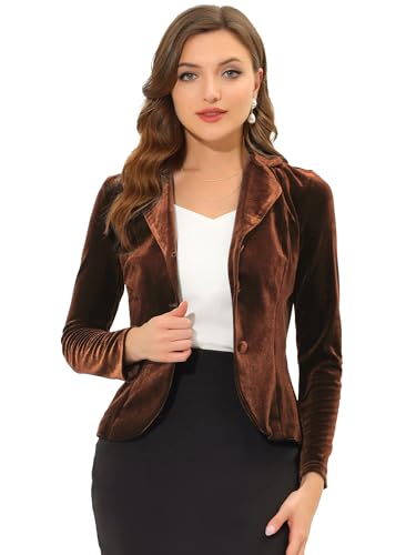 Allegra K Damen Blazer Velvet Langarm Reverskragen Knopfleiste Front Samt Arbeit Jacke Braun S von Allegra K