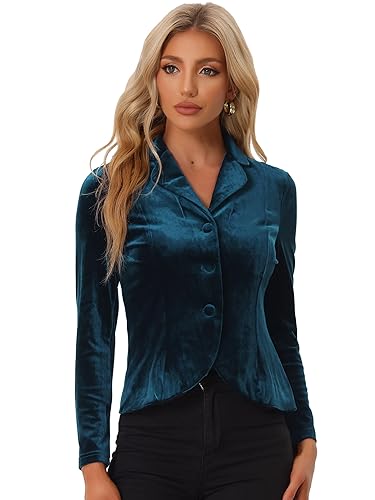 Allegra K Damen Halloween Kostüm Blazer Velvet Langarm Reverskragen Knopfleiste Front Samt Arbeit Jacke Pfauenblau M von Allegra K