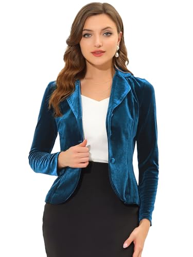 Allegra K Damen Blazer Velvet Langarm Reverskragen Knopfleiste Front Samt Arbeit Jacke Blau See L von Allegra K