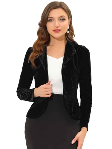 Allegra K Damen Blazer Velvet Langarm Reverskragen Knopfleiste Front Samt Arbeit Jacke Schwarz XL von Allegra K