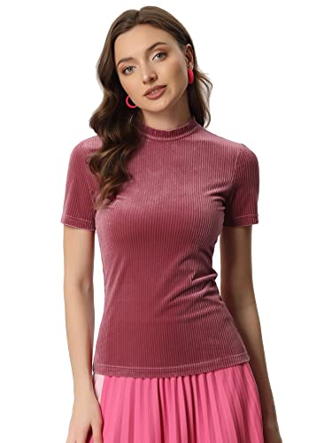 Allegra K Damen Bluse Kurzarm Samt T-Shirt Rundhalsausschnitt Lässig Oberteile Rosa L von Allegra K