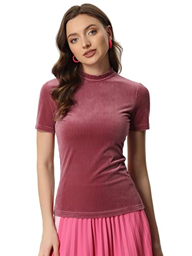 Allegra K Damen Bluse Kurzarm Samt T-Shirt Rundhalsausschnitt Lässig Oberteile Rosa XS von Allegra K