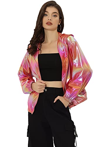 Allegra K Damen Bluson Langarm Metallic Jacke Holographic Party Reißverschluss Kapuzenjacke Rainbow Rosa XL von Allegra K