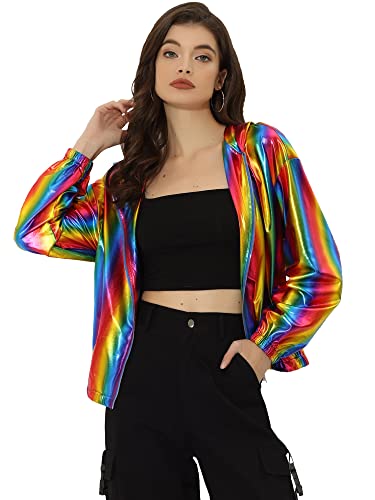 Allegra K Damen Bluson Langarm Metallic Jacke Holographic Party Reißverschluss Kapuzenjacke Rainbow XL von Allegra K