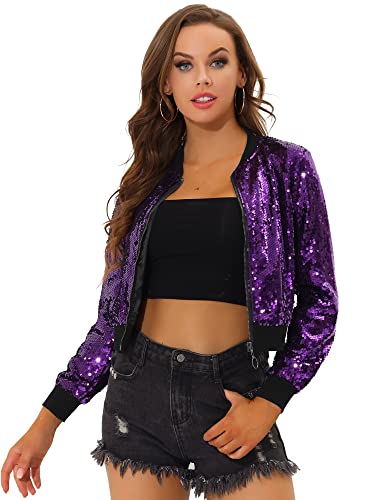 Allegra K Damen Bomberjacke Langarm Glitzer Pailletten Party Jacke Lila XXL von Allegra K
