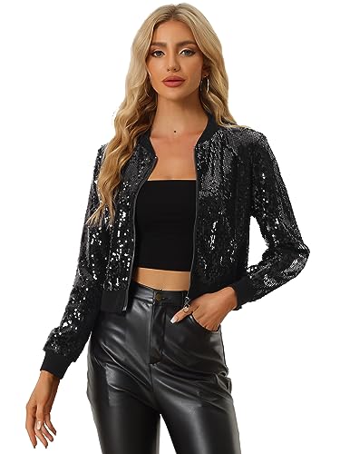 Allegra K Damen Bomberjacke Langarm Glitzer Pailletten Party Jacke Schwarz XS von Allegra K