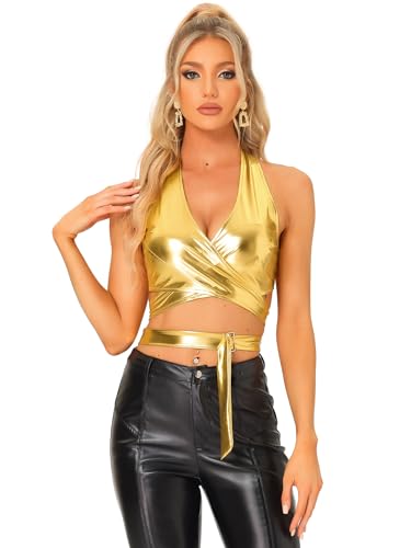 Allegra K Damen Crop Top V-Ausschnitt Metallic Neckholder Rückenfrei Holographic Oberteile Gold M von Allegra K