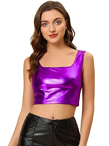 Allegra K Damen Crop Tops Metallic Top Party Oberteile Ärmellos U-Boot Neck Club Bauchfrei Bluse Lila L von Allegra K