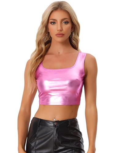 Allegra K Damen Metallic Crop Top Party Tanktop Ärmellos Glänzend Club Bauchfrei Oberteil Rosas S von Allegra K