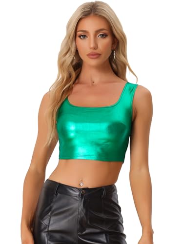 Allegra K Damen Crop Tops Metallic Top Party Oberteile Ärmellos U-Boot Neck Club Bauchfrei Bluse Schwarz Grün L von Allegra K