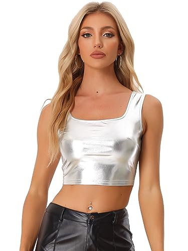 Allegra K Damen Metallic Crop Top Party Tanktop Ärmellos Glänzend Club Bauchfrei Oberteil Weiß Hell Silber XL von Allegra K