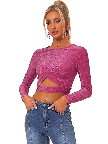 Allegra K Damen Cut Out Oberteil Festival Glitzer Langarm Rundhals Crop Top Bauchfreies Shirt Rosenrot XL von Allegra K