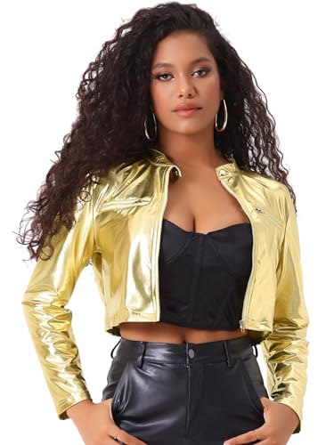 Allegra K Damen Halloween-Kostüm Glitzer Metallic Reißverschluss Kurze Party Club Langarmjacken Gold XL von Allegra K