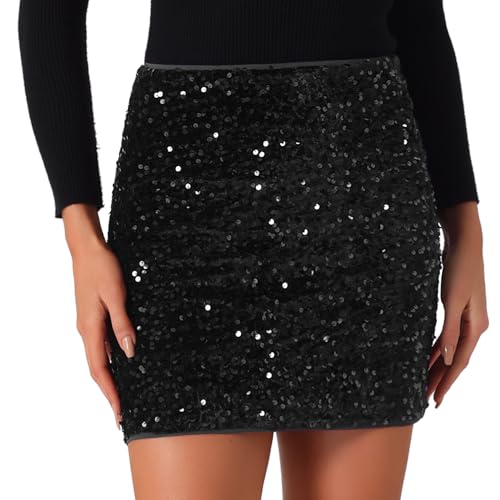 Allegra K Damen Halloween-Kostüm Glitzern Pailletten Rock Hohe Taille Dehnbar Ausgehen Partys Miniröcke Schwarz XL von Allegra K