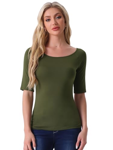 Allegra K Damen Halbarm Shirt Bluse Rundhals Slim Fit T-Shirt Einfarbig Basic Oberteil Armeegrün M von Allegra K