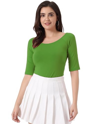 Allegra K Damen Halbarm Shirt Bluse Rundhals Slim Fit T-Shirt Einfarbig Basic Oberteil Grünteepulver L von Allegra K