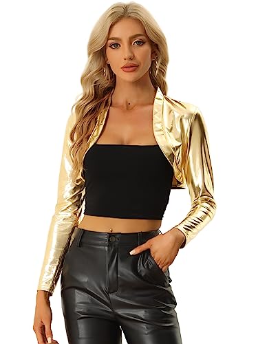 Allegra K Damen Kurzer Bolero Holographic Party Schimmernd Glänzend Leicht Metallic Crop Jacke Gold M von Allegra K