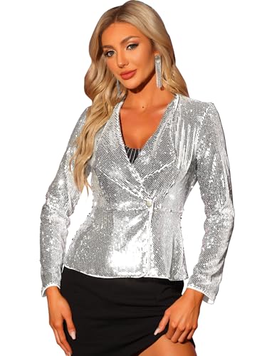 Allegra K Damen Langarm Pailletten Glitzerjacke Partyjacke 1 Knopfleiste Sequin Jacke Silber L von Allegra K