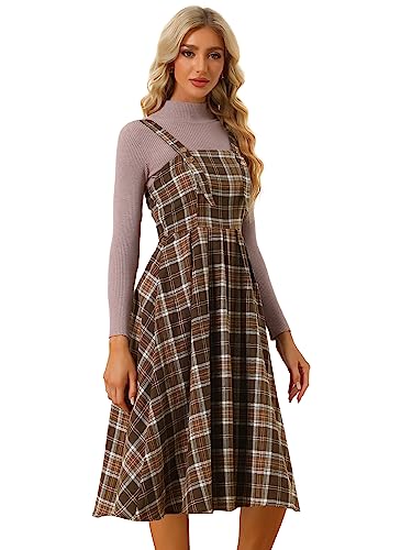 Allegra K Damen Latzkleid Ärmellos Hosenträger Vintage Kariert Elegant Trägerkleid Braun S von Allegra K