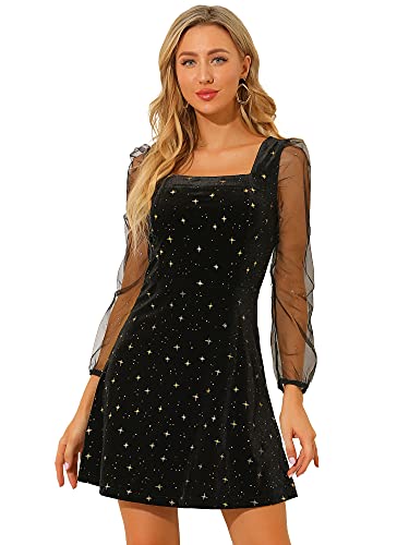 Allegra K Damen Halloween Kostüm Mesh Sheer Puff Langarm Quadratischer Ausschnitt Glitzer Stern Mini Samt Kleid, Schwarz , 38 von Allegra K