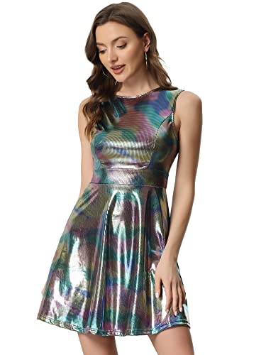 Allegra K Damen Metallic Ärmellos Rundhals Hohe Taille Holographic Flare Kleid, mehrfarbig, Small von Allegra K